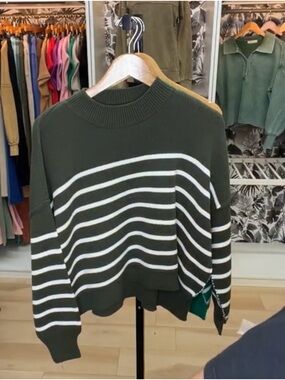 Olive Green Striped Crewneck Sweater